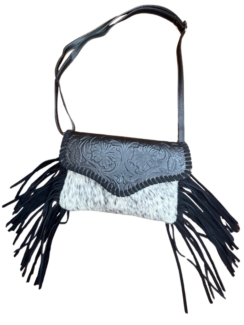 Genuine Leather Cowhide Fringe Tooled Western Crossbody Bag Black